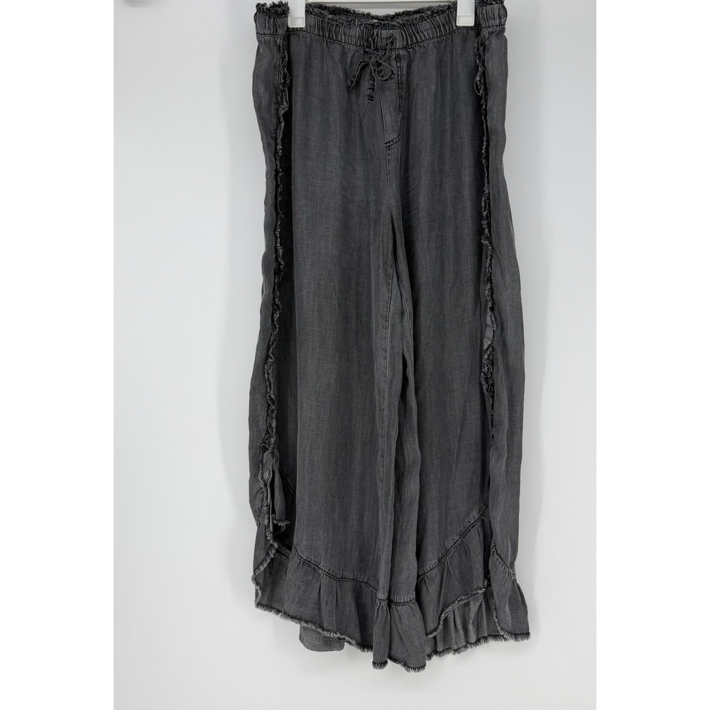 Easel Wide Leg Ruffle Pants Women 2X Charcoal Gray Tencel Boho Lagenlook Coastal - Picture 3 of 7